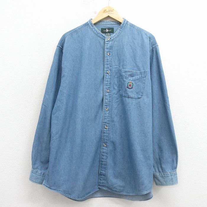 XL★古着 長袖 シャツ メンズ 00年代 00s ノーカラー 大きいサイズ コットン 紺 デニム【spe】 26feb18