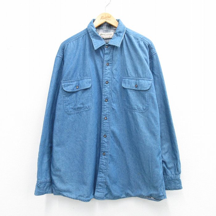 ロング丈デニムシャツ 内側フランネル ネイビー XL | 古着