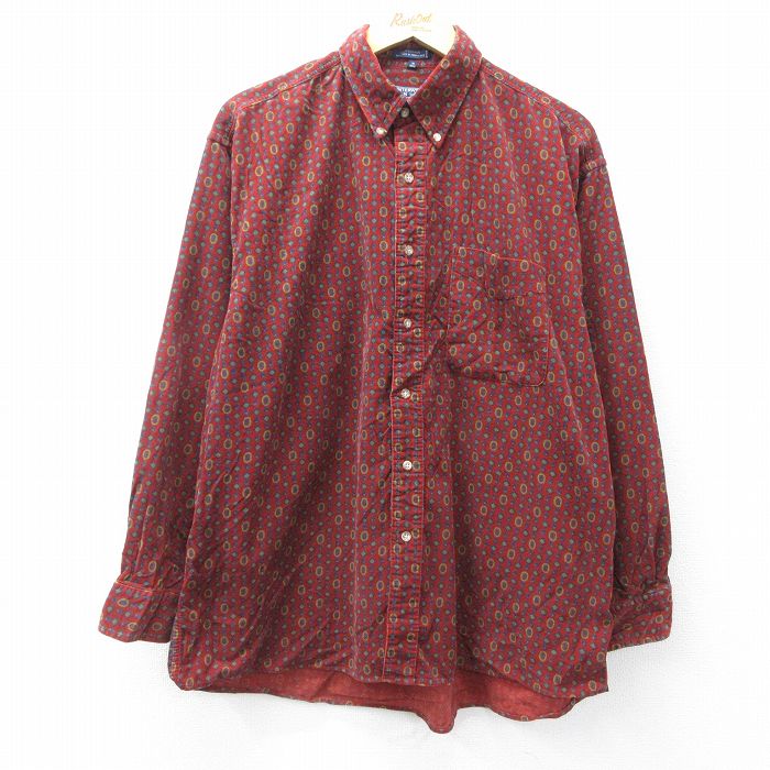 XL★古着 バンヒューセン 長袖 シャツ メンズ 90年代 90s 総柄 コーデュロイ 大きいサイズ コットン ボタンダウン エンジ他【spe】 26feb25