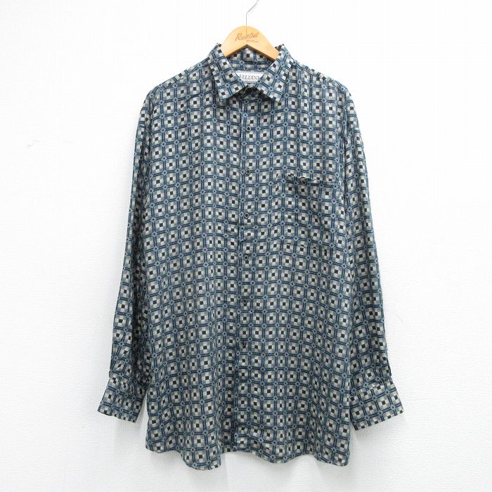 XL★古着 長袖 シャツ メンズ 大きいサイズ ロング丈 紺他 チェック 26feb26