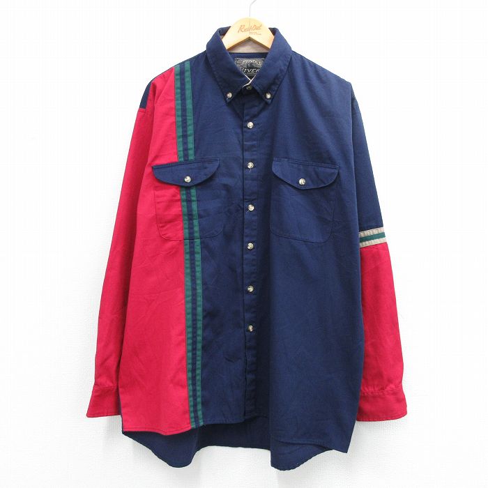 XL★古着 長袖 シャツ メンズ 00年代 00s 大きいサイズ ロング丈 紺他【spe】 26feb26