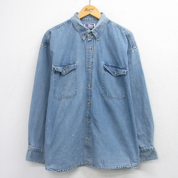 XL★古着 長袖 シャツ メンズ 大きいサイズ コットン ボタンダウン 紺 デニム 26feb27