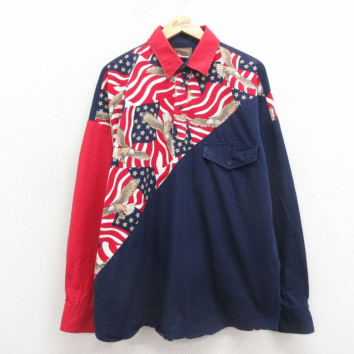 90s 長袖シャツ 鳥 ネイビー XL | 古着