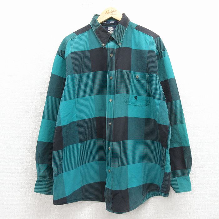 XL★古着 長袖 シャツ メンズ 00年代 00s ロング丈 ボタンダウン 青緑他 チェック 26feb27