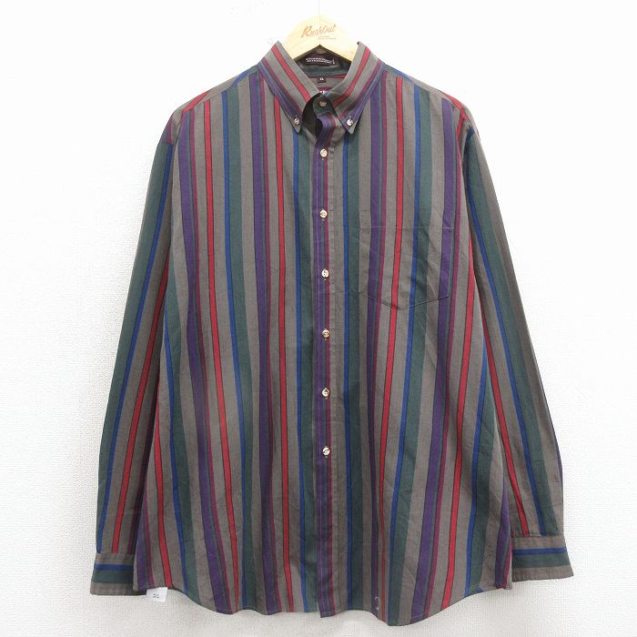 XL★古着 長袖 シャツ メンズ 00年代 00s ボタンダウン 紫他 ストライプ 26feb27