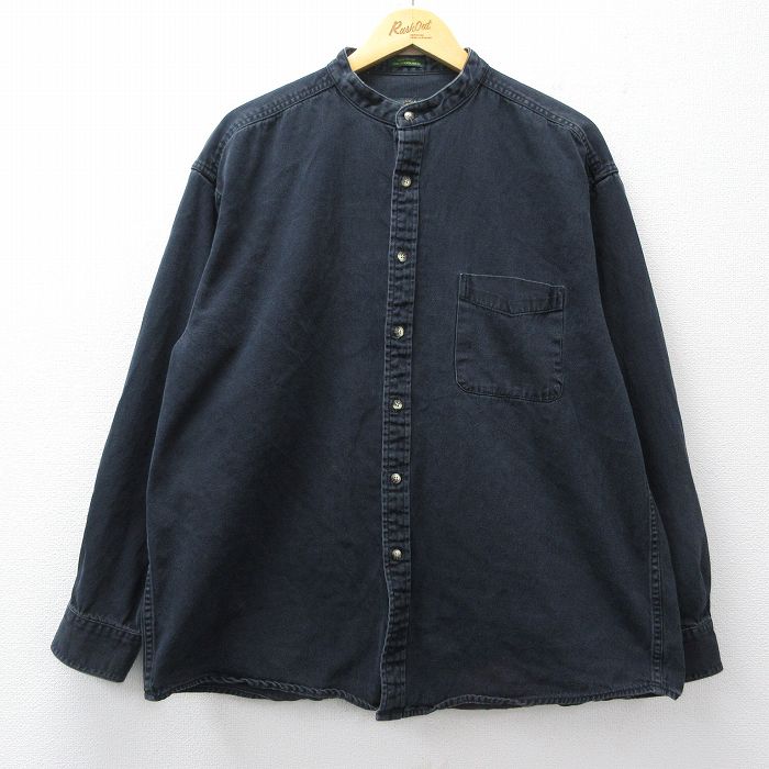 XL★古着 長袖 シャツ メンズ 大きいサイズ コットン ノーカラー 黒 デニム 26feb28