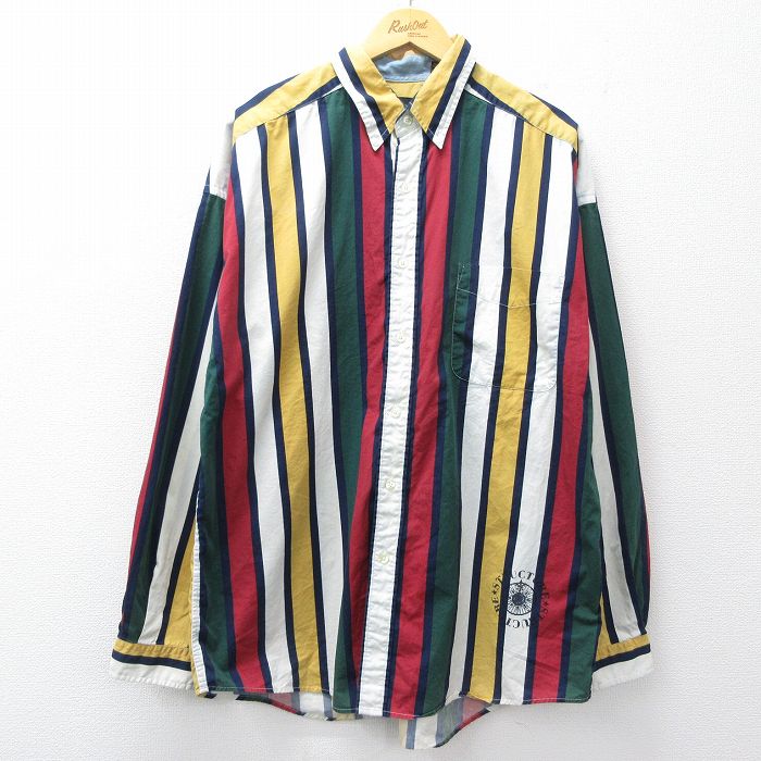 XL★古着 STRUCTURE 長袖 シャツ メンズ ロング丈 コットン ボタンダウン 白他 ストライプ 26feb28