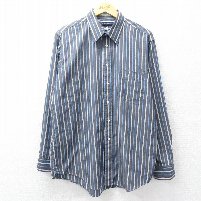 XL★古着 長袖 シャツ メンズ 90年代 90s ロング丈 USA製 グレー他 ストライプ 26feb28