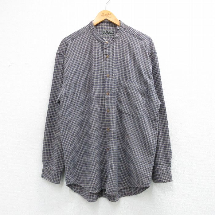 XL★古着 ビューグルボーイ 長袖 シャツ メンズ 00年代 00s コットン ノーカラー 紺他 チェック 26feb28