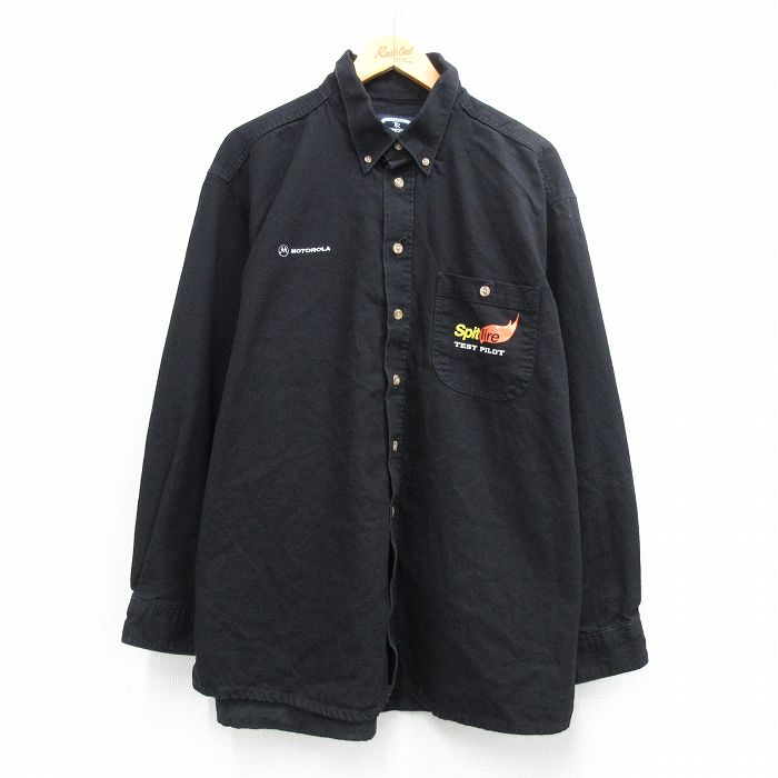XL★古着 長袖 シャツ メンズ spit firo 大きいサイズ ロング丈 コットン ボタンダウン 黒 26feb28