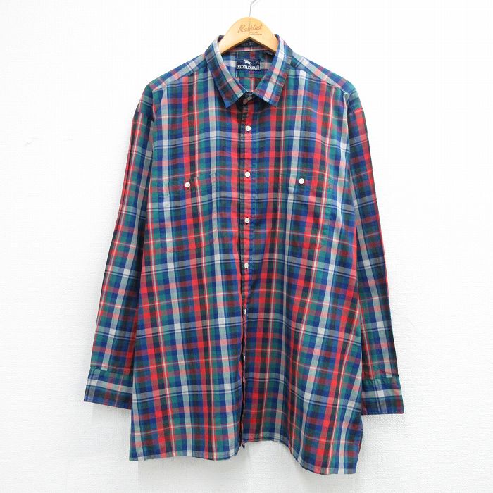 XL★古着 長袖 シャツ メンズ 90年代 90s 大きいサイズ ロング丈 紺他 チェック 26feb28