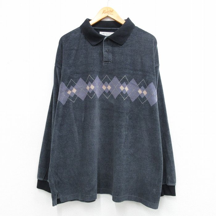 XL★古着 長袖 ポロ シャツ メンズ アーガイル 大きいサイズ 黒系他 26feb28