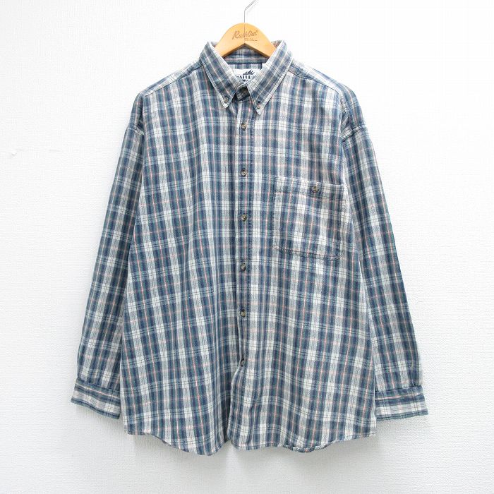 XL★古着 長袖 シャツ メンズ 大きいサイズ コットン ボタンダウン 紺系他 チェック 26feb28