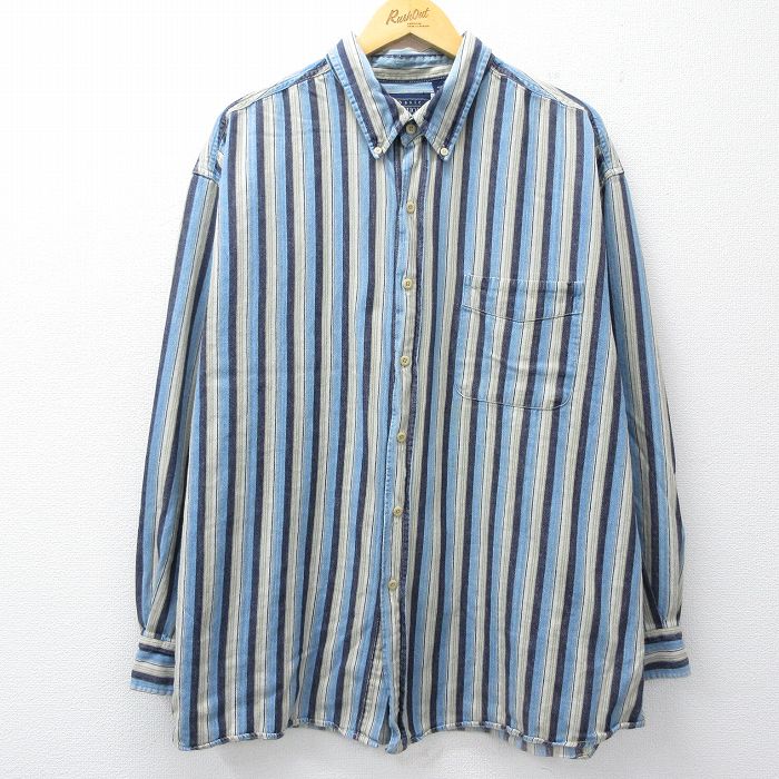 XL★古着 ベーシックエディションズ 長袖 シャツ メンズ 90年代 90s 大きいサイズ コットン ボタンダウン 紺他 ストライプ 26mar02