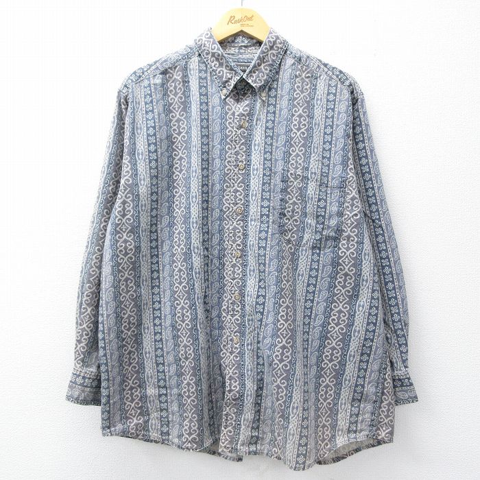 XL★古着 長袖 シャツ メンズ 90年代 90s 総柄 大きいサイズ コットン ボタンダウン 薄紺他【spe】 26mar02