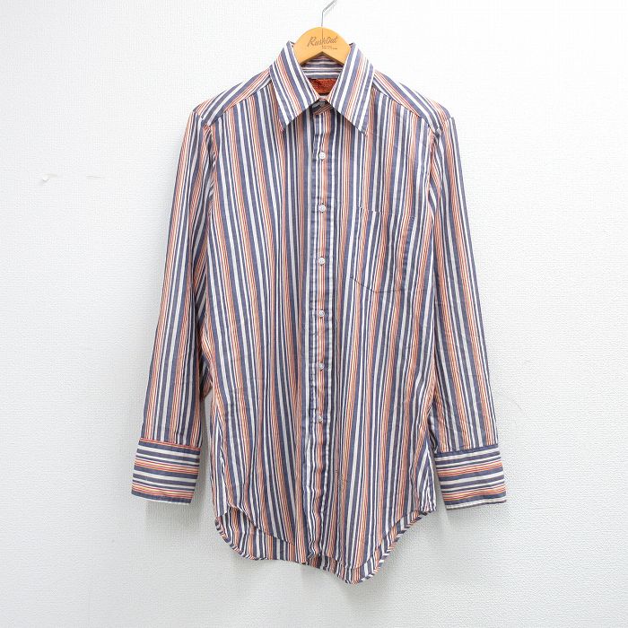 M★古着 シアーズ 長袖 シャツ メンズ 70年代 70s ロング丈 濃紺他 ストライプ 26mar04