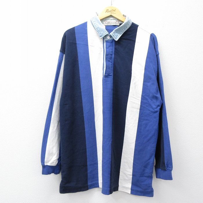 【20%OFF】00s ラガーシャツ 襟デニム ネイビーストライプ L | 古着