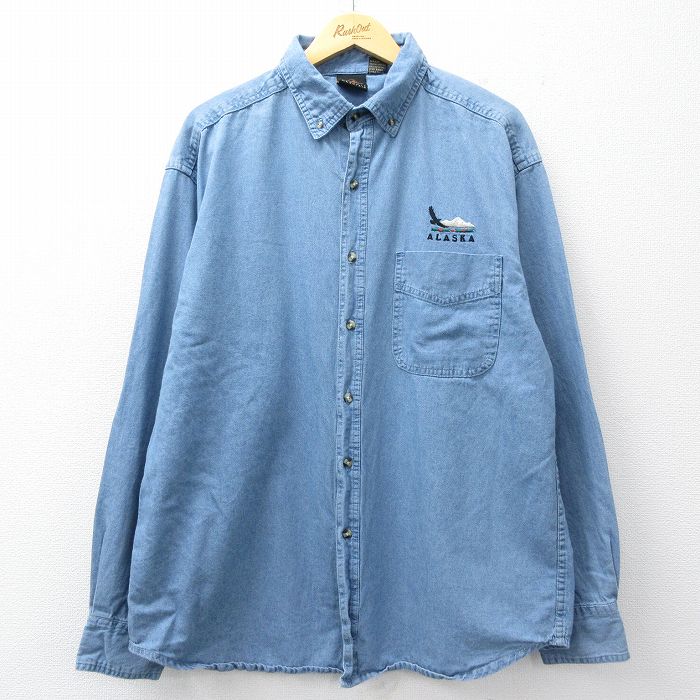 XL★古着 長袖 シャツ メンズ アラスカ ロング丈 コットン ボタンダウン 紺 デニム 26mar04