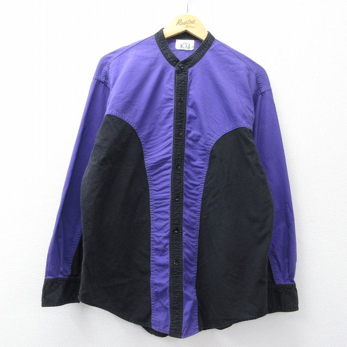 XL★古着 長袖 シャツ メンズ ツートンカラー ノーカラー 紫他 26mar05