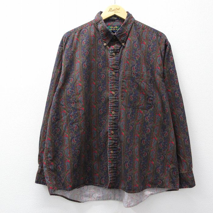 XL★古着 長袖 シャツ メンズ 00年代 00s ペイズリー柄 大きいサイズ コットン ボタンダウン 紺他 26mar05