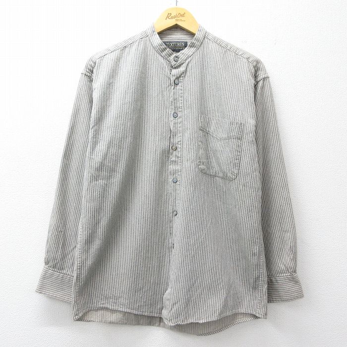 【20%OFF】M★古着 長袖 シャツ メンズ コットン ノーカラー グレー系他 ストライプ 26mar05