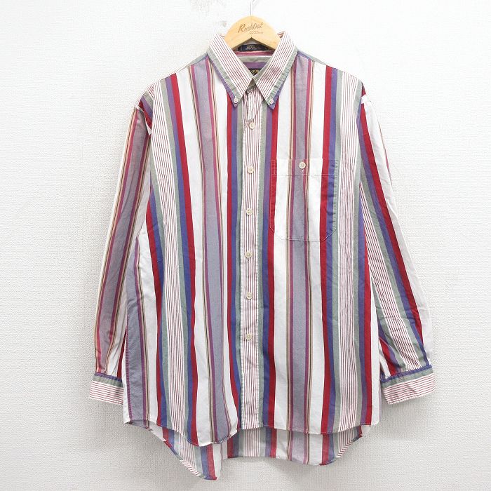XL★古着 長袖 シャツ メンズ 00年代 00s 大きいサイズ コットン ボタンダウン 白他 ストライプ 26mar09
