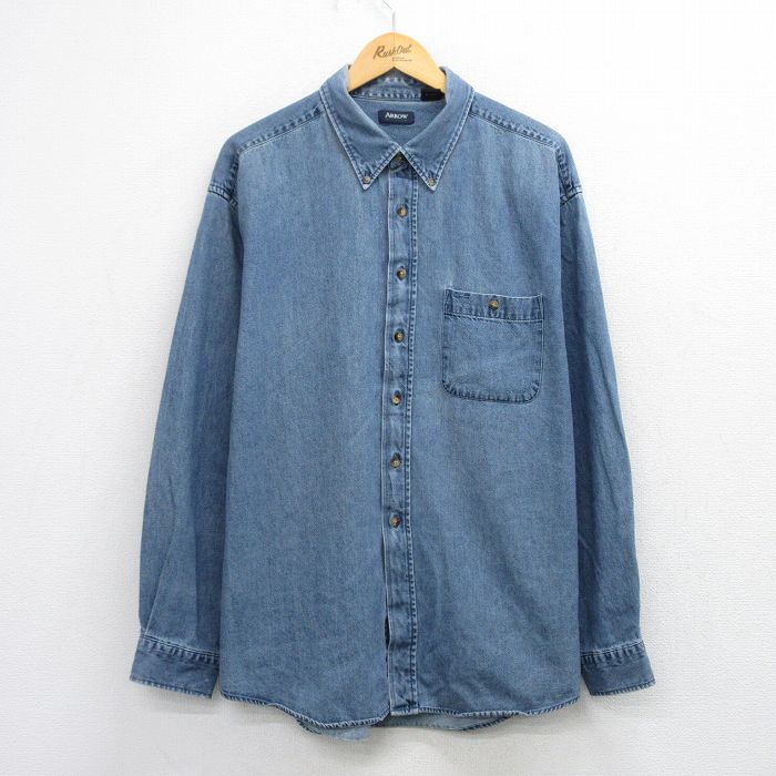 XL★古着 アロー 長袖 シャツ メンズ 大きいサイズ ロング丈 コットン 紺 デニム 26mar10