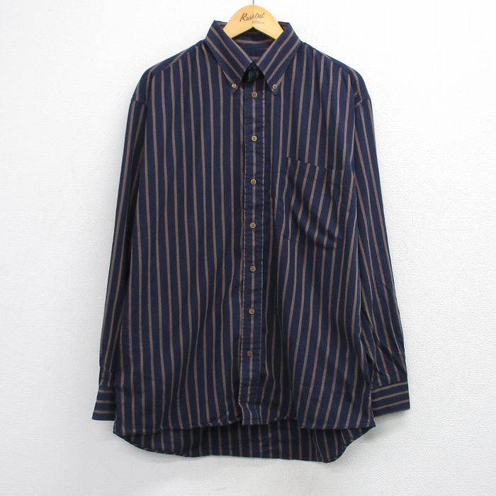 XL★古着 長袖 シャツ メンズ 90年代 90s ロング丈 コットン ボタンダウン USA製 紺他 ストライプ 26mar10