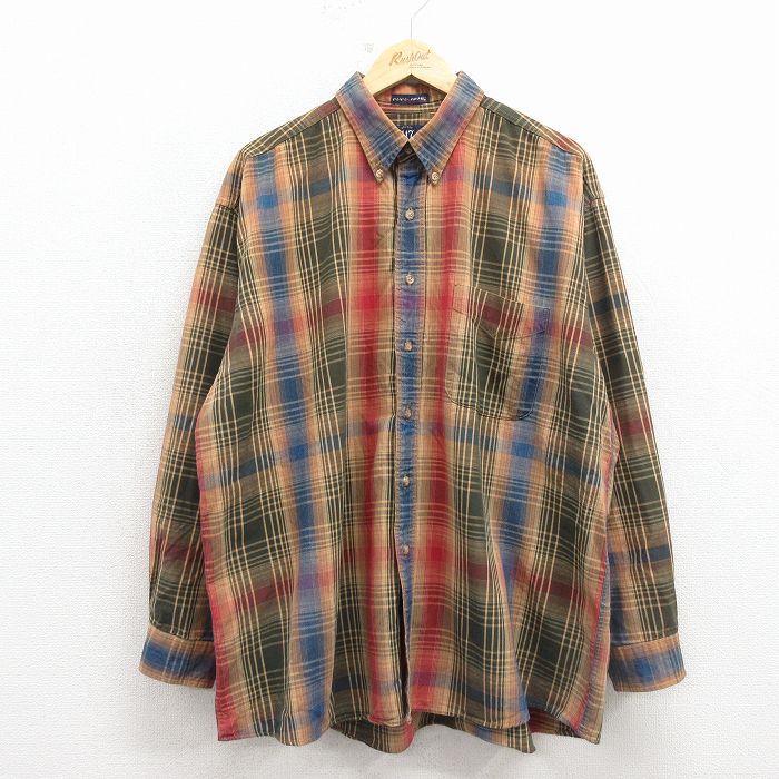 XL★古着 バンヒューセン 長袖 シャツ メンズ 90年代 90s 大きいサイズ コットン ボタンダウン 紺他 チェック 26mar11