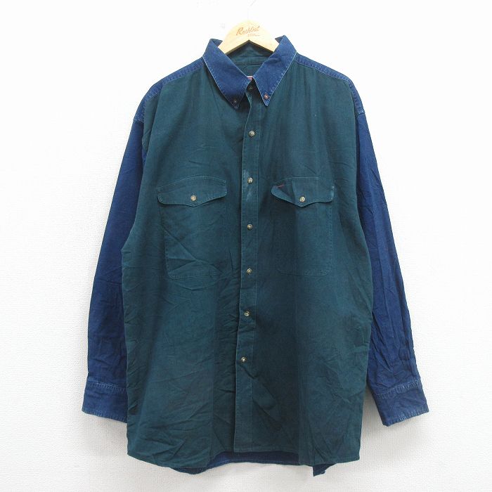 XL★古着 長袖 シャツ メンズ 00年代 00s 大きいサイズ ロング丈 ボタンダウン 緑他【spe】 26mar11