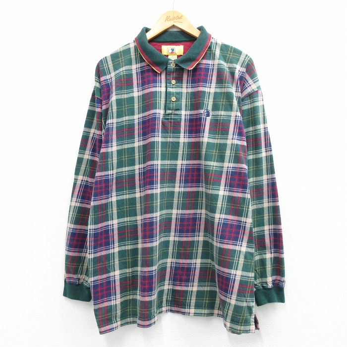XL★古着 ダックヘッド 長袖 ポロ シャツ メンズ コットン 緑他 チェック 26mar12
