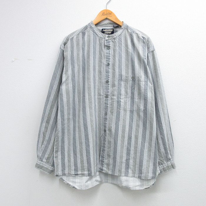 XL★古着 長袖 シャツ メンズ 大きいサイズ ロング丈 コットン ノーカラー グレー他 ストライプ 26mar13