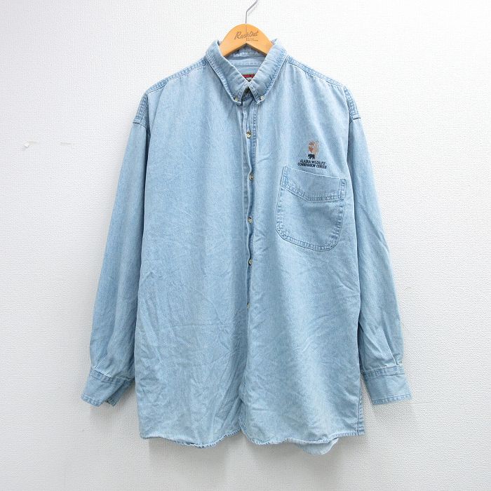 XL★古着 長袖 シャツ メンズ 00年代 00s アラスカ 大きいサイズ ロング丈 コットン ボタンダウン 薄紺 デニム 26mar16