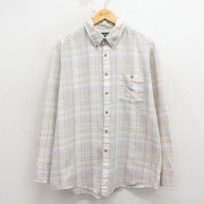 XL★古着 Par Four 長袖 シャツ メンズ 80年代 80s 大きいサイズ ボタンダウン 薄黄色他 チェック 26mar16