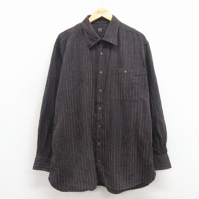 XL★古着 長袖 シャツ メンズ 90年代 90s 大きいサイズ ロング丈 コットン USA製 黒他 ストライプ 26mar16