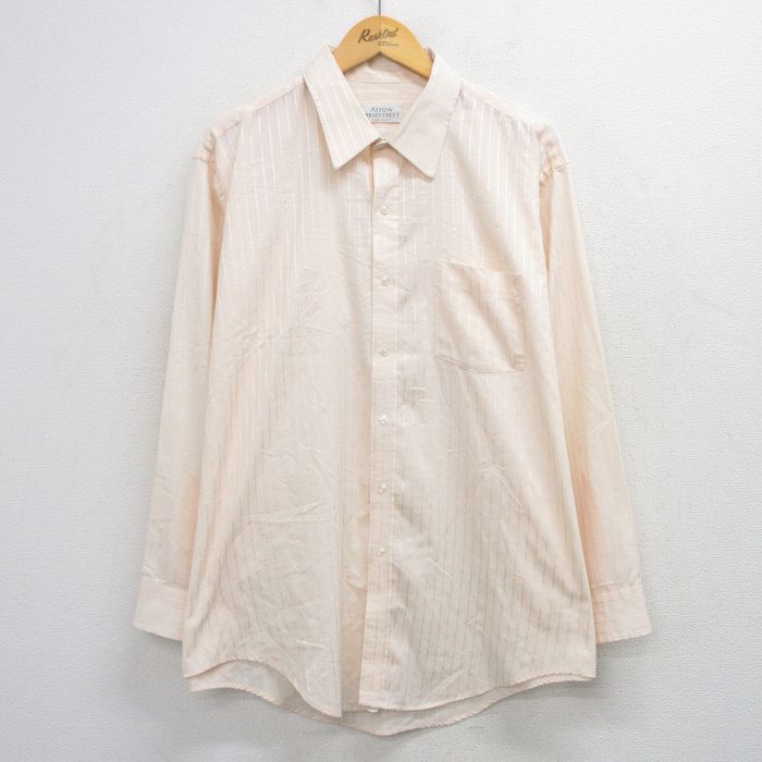 XL★古着 アロー 長袖 シャツ メンズ 90年代 90s 大きいサイズ ロング丈 USA製 薄オレンジストライプ 26mar23