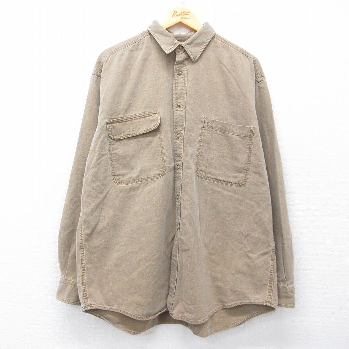 XL★古着 長袖 シャツ メンズ 90年代 90s 大きいサイズ ロング丈 コットン USA製 ベージュ系 26mar24