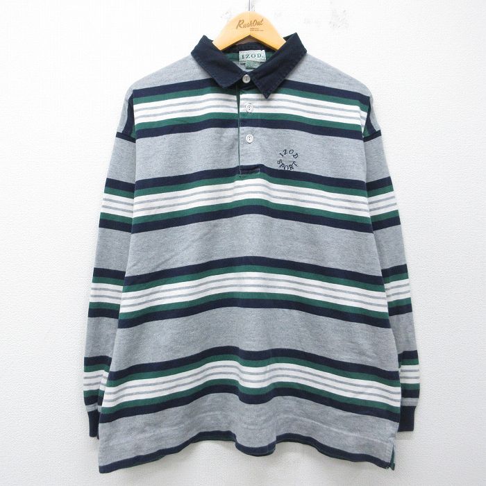XL★古着 IZOD 長袖 ラガー シャツ メンズ 90年代 90s ワンポイントロゴ 大きいサイズ コットン グレー 霜降り他 26mar31