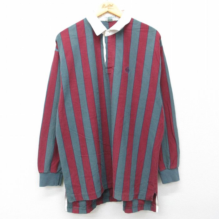 IZOD 90s 長袖ラガーシャツ ワンポイントロゴ バーガンディストライプ メンズXL相当 | 古着