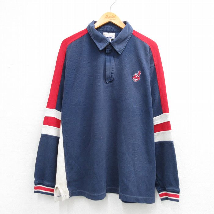 XL★古着 スターター STARTER 長袖 ハーフジップ トップス メンズ 00年代 00s MLB クリーブランドインディアンス 鹿の子 大きいサイズ コットン 紺 メジャーリーグ ベースボール 野球 26apr01