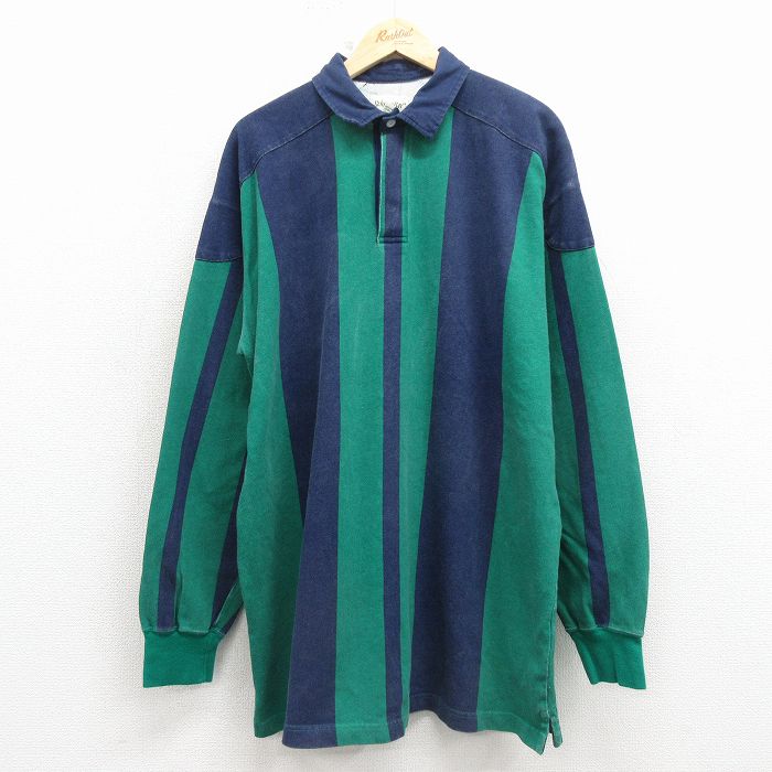 XL★古着 セントジョンズベイ 長袖 ラガー シャツ メンズ 90年代 90s ロング丈 コットン 緑他 ストライプ【spe】 26apr02