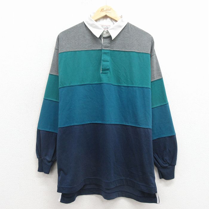L★古着 長袖 ラガー シャツ メンズ 00年代 00s マルチカラー 青緑他 ストライプ 26apr02
