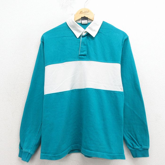 M★古着 ルティグレ 長袖 ラガー シャツ メンズ 80年代 80s ツートンカラー コットン USA製 青緑 26apr02