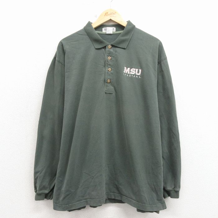 L★古着 長袖 ポロ シャツ メンズ 90年代 90s MSU コットン 緑 26apr03