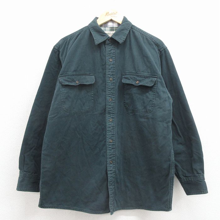 L★古着 長袖 シャツ メンズ 00年代 00s コットン 濃緑 内側フランネル 26apr03