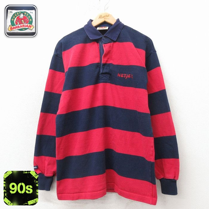 【20%OFF】バーバリアン 90s 長袖ラガーシャツ NETJETS レッドボーダー メンズL相当 | 古着