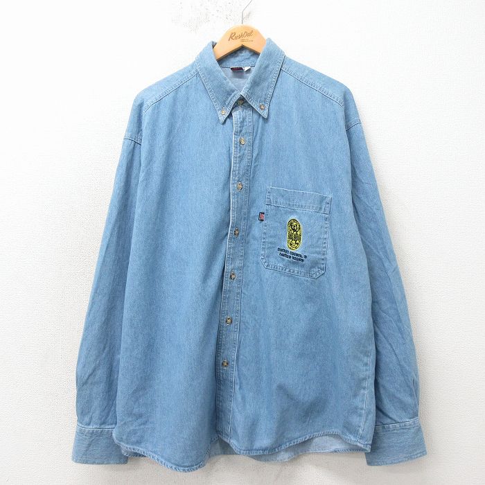 XL★古着 長袖 シャツ メンズ 90年代 90s ワンユニオン 大きいサイズ コットン ボタンダウン USA製 薄紺 デニム 26apr04