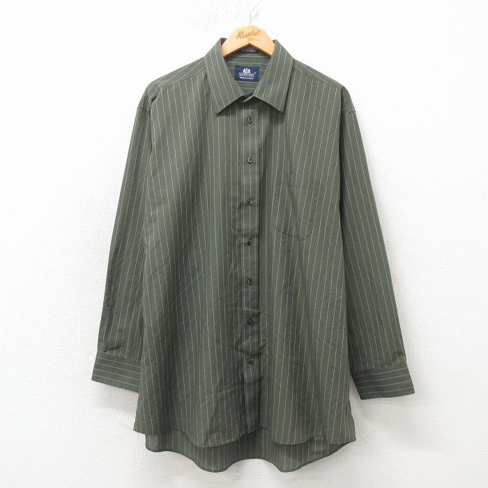 XL★古着 STAFFORD 長袖 シャツ メンズ 大きいサイズ ロング丈 濃緑他 ストライプ 26apr04