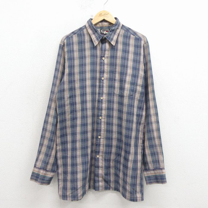 L★古着 長袖 シャツ メンズ 80年代 80s ロング丈 紺他 チェック 26apr04