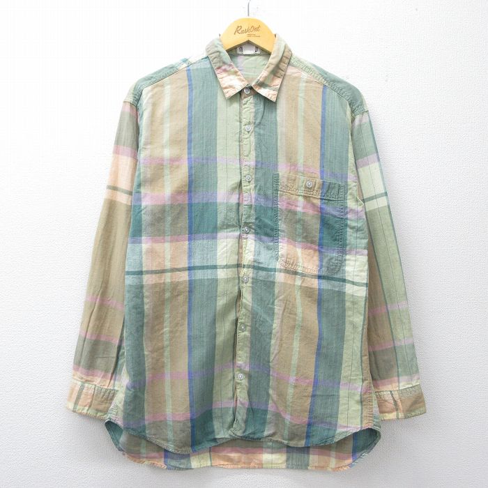 L★古着 長袖 シャツ メンズ 90年代 90s コットン 緑他 チェック 26apr04